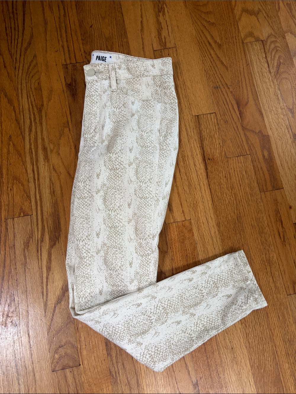 PAIGE Beige Snake-Print Slim Pants